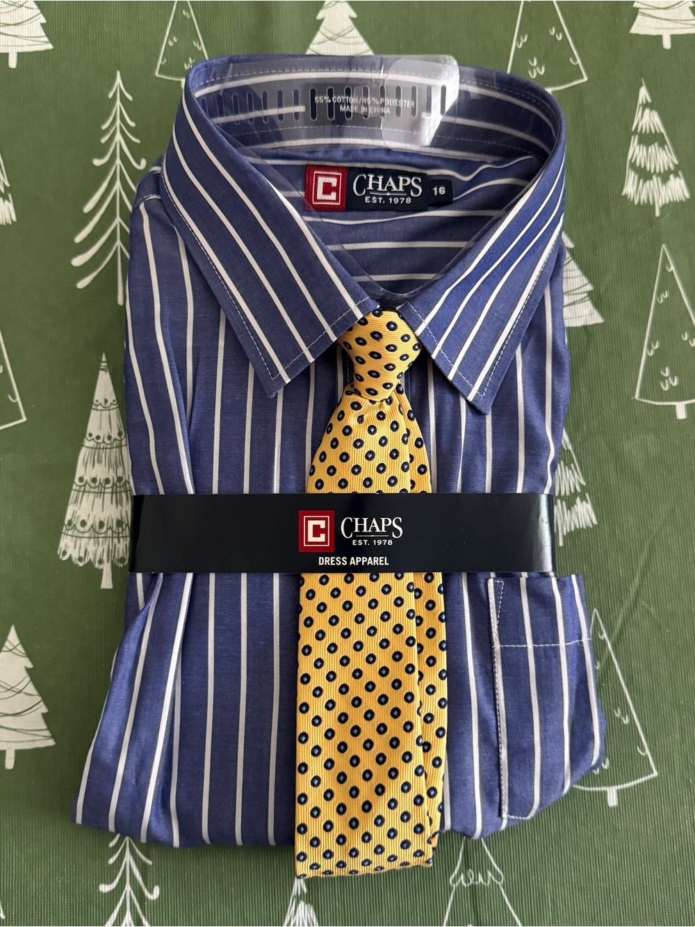 CHAPS Boys Dress Shirt Clip On Tie Set Blue White Stripe Size 16 NWT Formal
